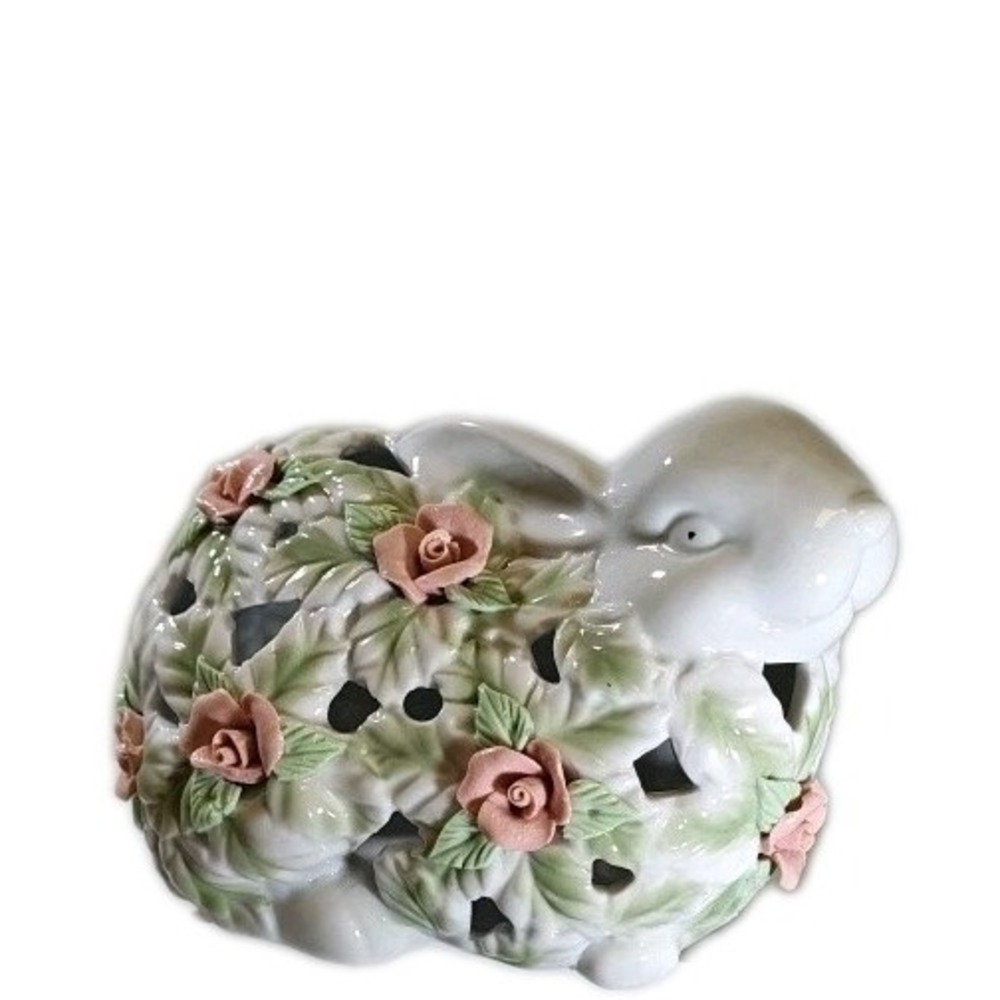 Vintage Ceramic Bunny Rabbit Figurine Pink Roses Floral Cutout Lattice Decor
